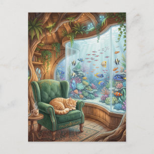 Cartão Postal Interior de Casa de Madeira Caprichosa com Gato Ad