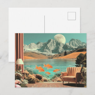 Cartão Postal Interior Surrealista com Peixes e Paisagem ao Luar