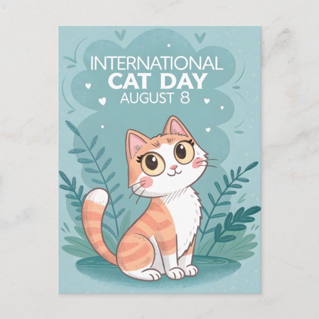 Cartão Postal International Cat Day Cute Whimsical Cat Art (Frente)