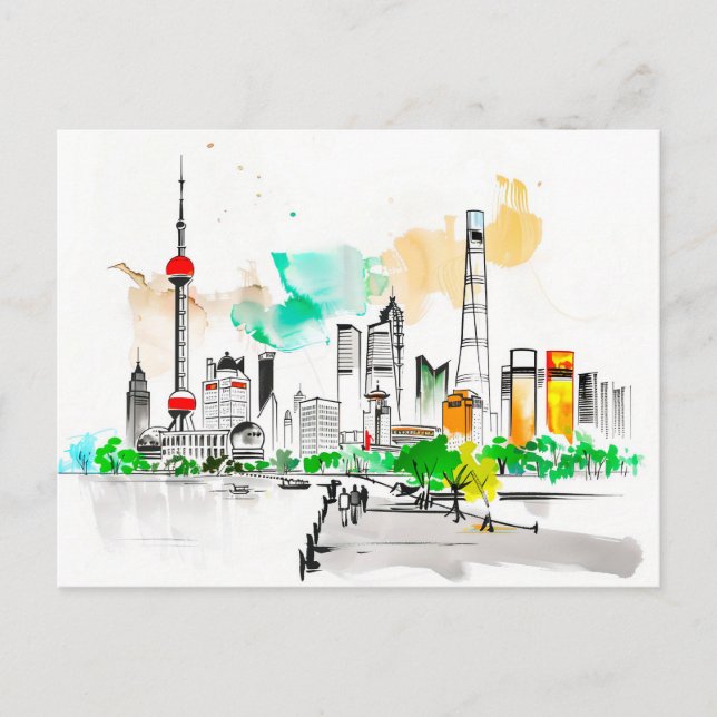 Cartão Postal Intrincada trabalho de arte Shanghai Skyline no Bu (Frente)