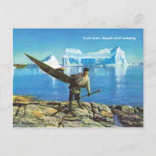 Cartão Postal Inuit man com kayak e iceberg