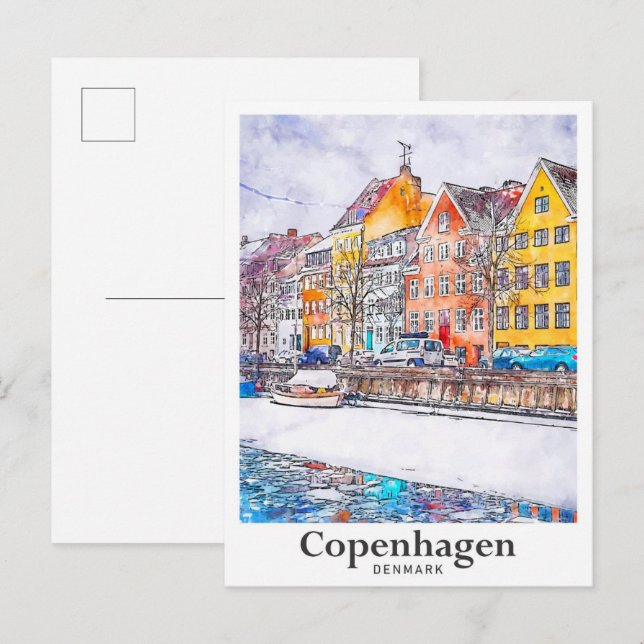 Cartão Postal Inverno Copenhaga Dinamarca Desenho Da Mão De Aqua (Frente/Verso)