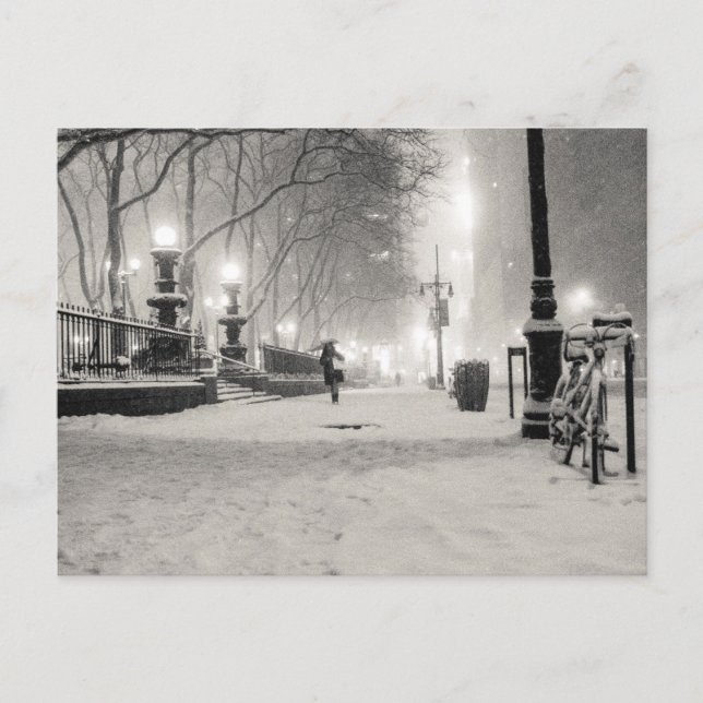 Cartão Postal Inverno em Nova York - Noite de Neve - Bryant Park (Frente)