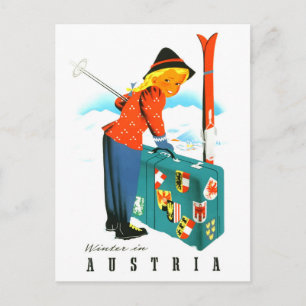 Cartão Postal Inverno na Áustria, esquiadora com mala grande