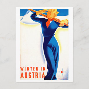 Cartão Postal Inverno na Áustria, moça de esqui, viagens vinta