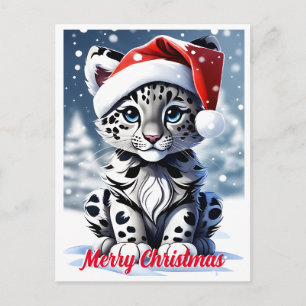 Cartão Postal Inverno Nevado Papai Noel Fofo Filhote de Leopardo