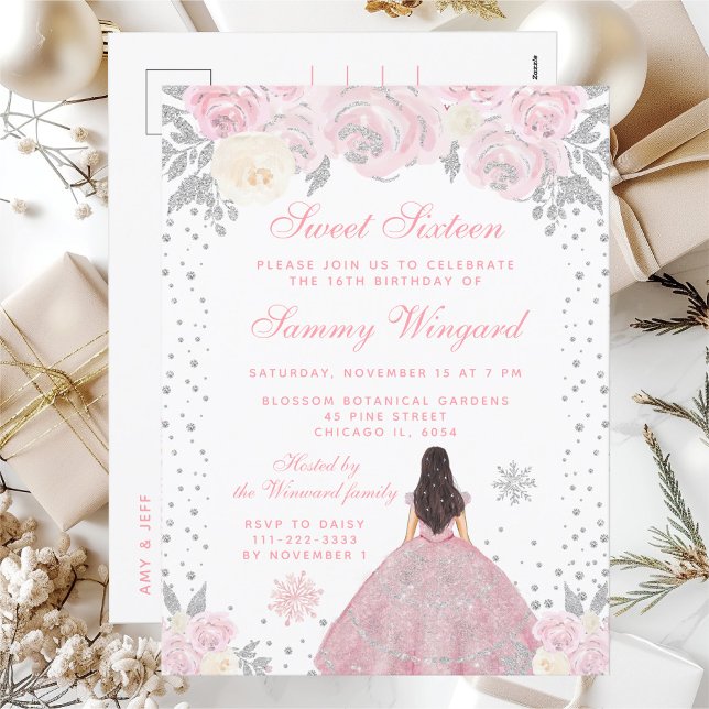 Cartão Postal Inverno Rosa Princesa de Cabelo Castanho Doze Anos (Criador carregado)