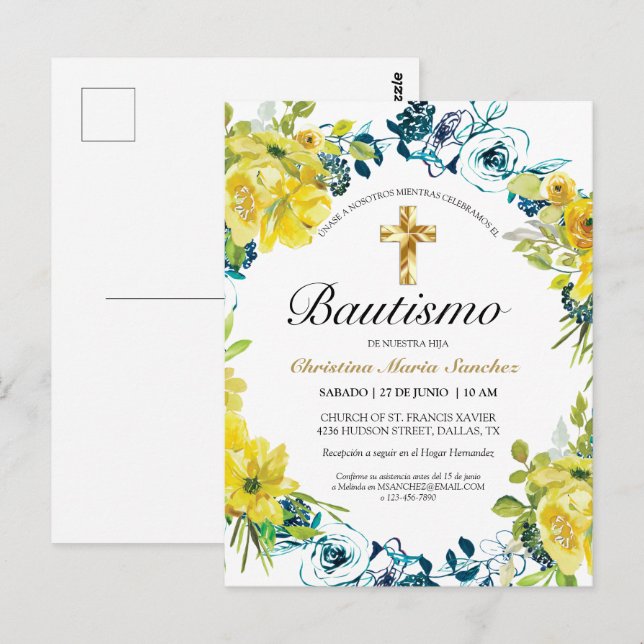 Cartão Postal Invitación floral amarilla hermosa del bautismo de (Frente/Verso)
