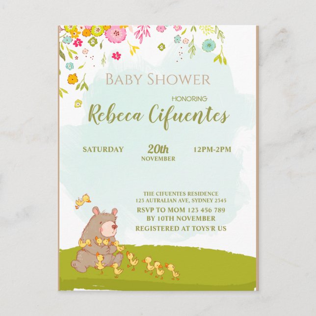 Cartão Postal Invitation Baby Shower Bear and duckies (Frente)