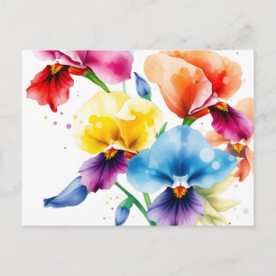 Cartão Postal Iris Blooms Elegantes com Watercolor Splatter