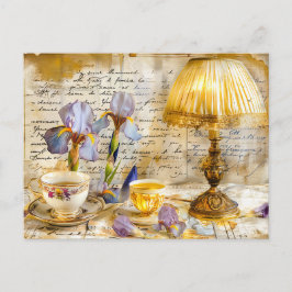 Cartão Postal Iris Blooms with Teacup and Vintage Lamp shabby 
