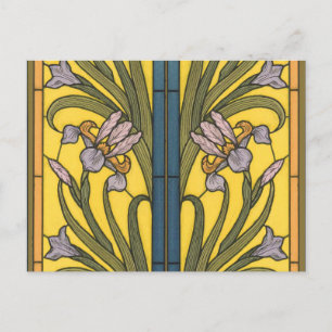 Cartão Postal Iris Flor Art Nouveau Vitral Azul Dourado