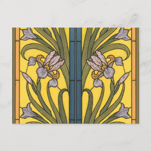 Cartão Postal Iris Flor Art Nouveau Vitral Azul Dourado (Frente)