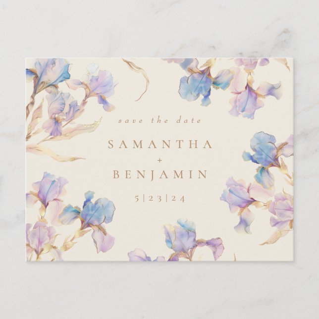 Cartão Postal Iris Floral Elegante para Casamento Save the Date (Frente)