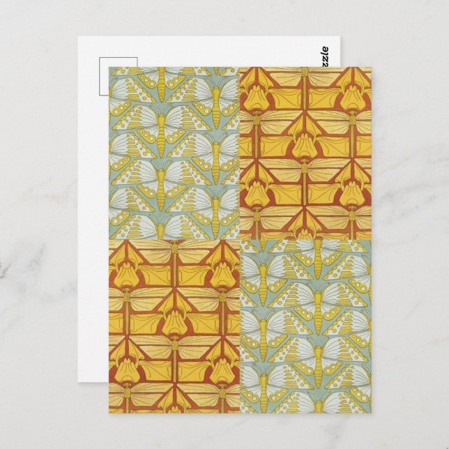 Cartão Postal Irisa Dragonflies Butterflies Art Nouveau (Frente/Verso)