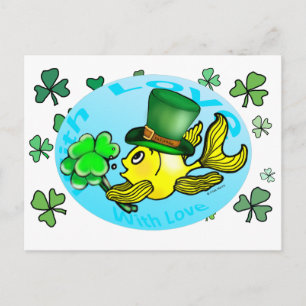 Cartão Postal IRISH LUCH GOLDFISH vestindo chapéu e xamrochas bo