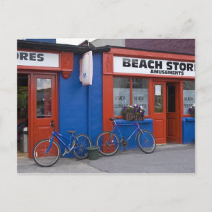 Cartão Postal Irlanda, Strandhill. Fachadas de lojas com bicicle