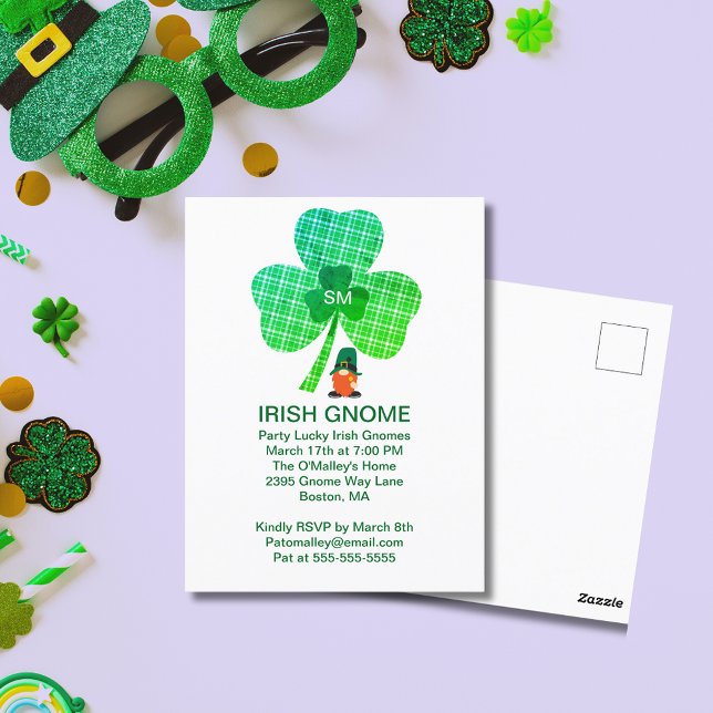 Cartão Postal Irlandês Gnomo Monograma Shamrock St Patricks (Zazzle Irish Gnome Monogram Shamrock St Patrick's Postcard (Front))