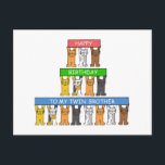 Cartão Postal Irmão Gêmeo Feliz Aniversário<br><div class="desc">Três fileiras de gatinhos de desenho animado segurando faixas longas e finas que dizem Feliz Aniversário ao meu irmão gêmeo.</div>