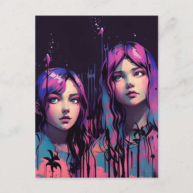Cartão Postal Irmãs Com Cabelo Roxo (Frente)