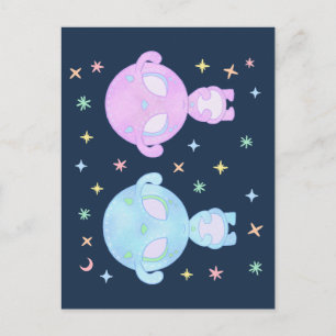 Cartão Postal Irmãs Gêmeas Alien Pastel Arte Kawaii Cósmica Fo