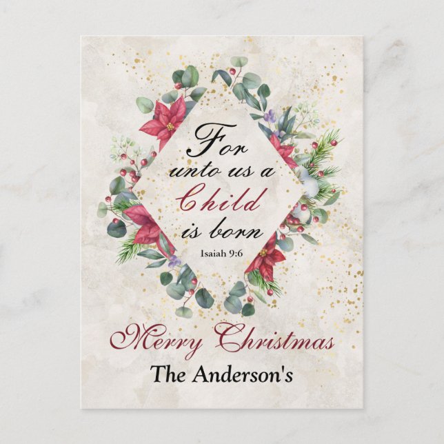 Cartão Postal Isaiah 9:6 Para nós uma criança é nascer, Natal (Frente)