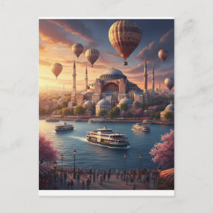 Cartão Postal Istambul Turquia Balões de Ar Quente Mesquita Azul