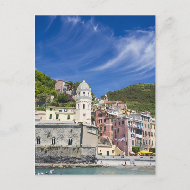 Cartão Postal Itália, Cinque Terre, Vernazza, Porto e Igreja (Frente)