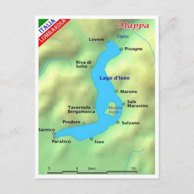 Cartão Postal Itália - Lombardia - Lago Iseo - Mapa - (Frente)