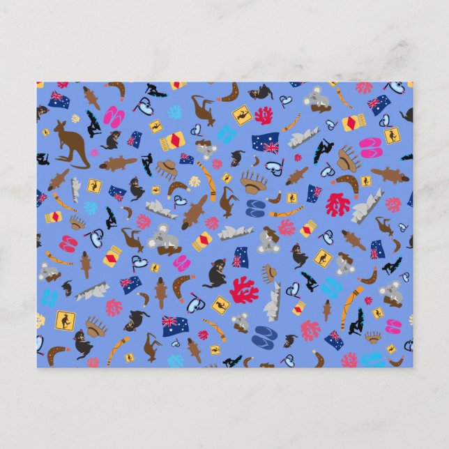 Cartão Postal Itens australianos, pelo que a Austalia é famosa (Frente)