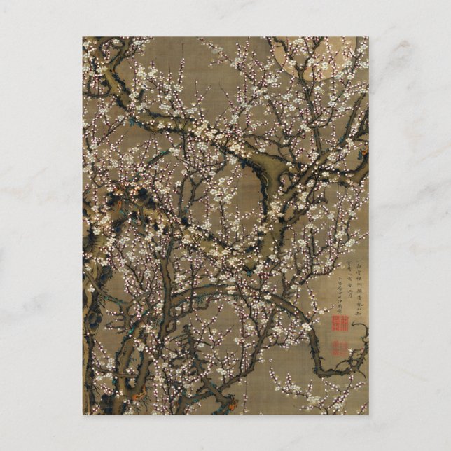 Cartão Postal Ito Jakuchu White Plum Blossoms and Moon (Frente)