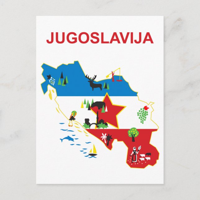 Cartão Postal Iugoslávia, mapa turístico, viagens vintage (Frente)