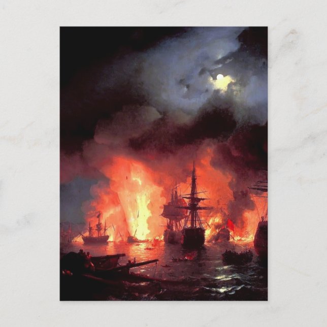 Cartão Postal Ivan Aivazovsky - Batalha de Cesme na Noite (Frente)