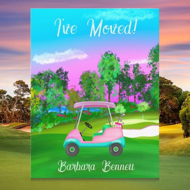 Cartão Postal I've Moved Sunset Golf Course Pink Golf Cart  (Criador carregado)