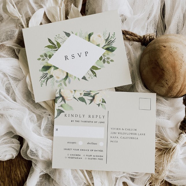 Cartão Postal Ivory Bloom Floral Wedding Meal Choice RSVP (Criador carregado)