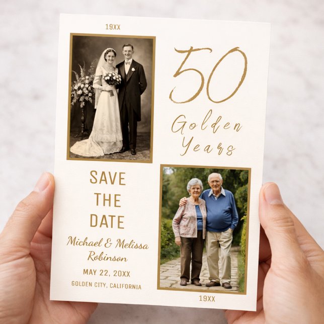Cartão Postal Ivory Gold 50º Aniversário Salve a Data (Classic 50th wedding anniversary save the date postcard)