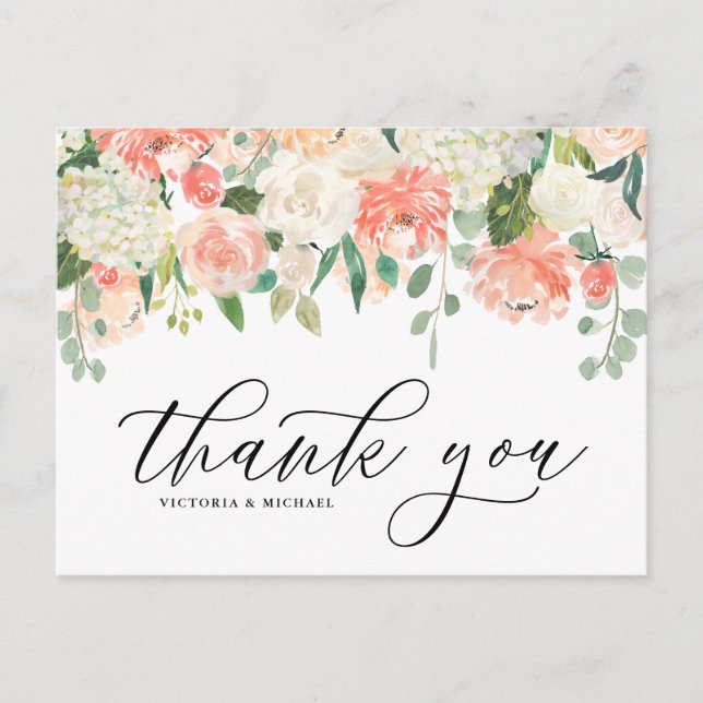 Cartão Postal Ivory Peach Peony e Hydrangea Casamento Obrigado (Frente)