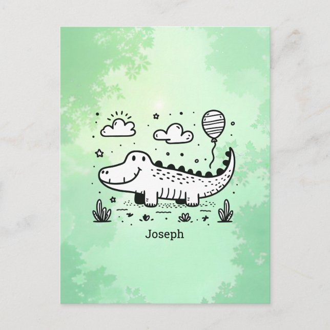 Cartão Postal Jacaré Feliz com Balão - Arte Fofa para Berçário (Frente)
