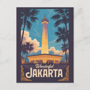 Cartão Postal Jacarta Indonésia Ilustração Viagem Arte Vintage