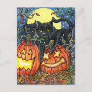 Cartão Postal Jack-O'-Lantern e Gatos Pretos