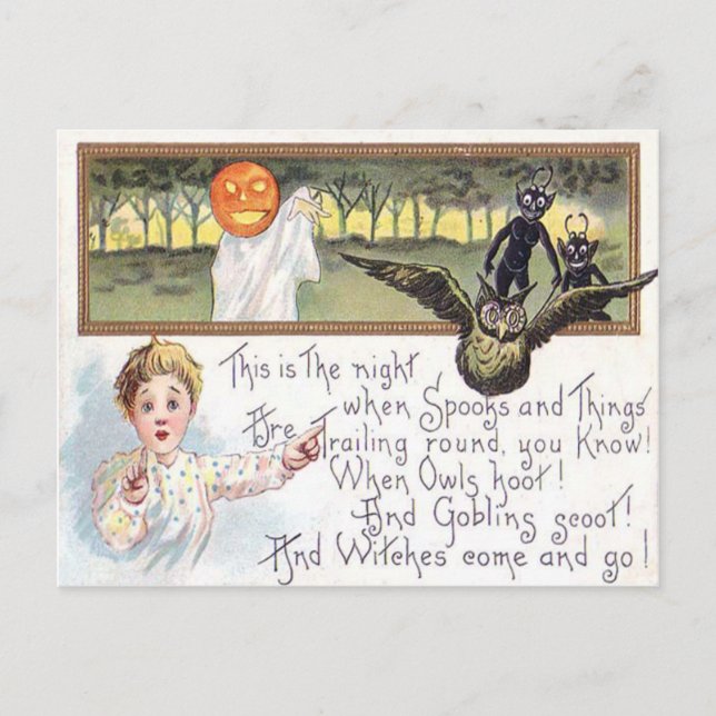 Cartão Postal Jack O' Lantern Pumpkin Ghost Owl Goblin (Frente)