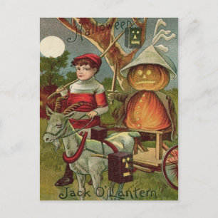 Cartão Postal Jack O' Lantern Pumpkin Goat Full Moon