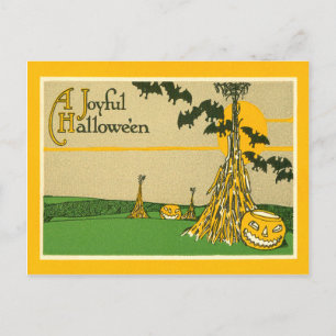Cartão Postal Jack O' Lantern Pumpkin Haystack Bat