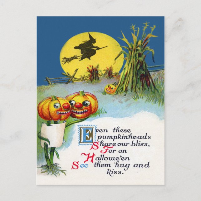 Cartão Postal Jack O Lantern Pumpkin Witch Full Moon Haystack (Frente)