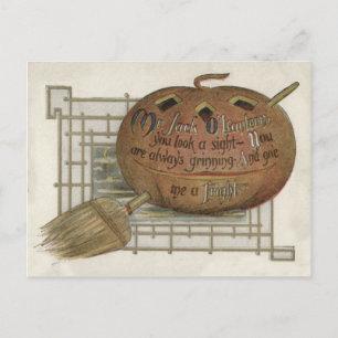 Cartão Postal Jack O' Lantern Pumpkin Witch's Broom