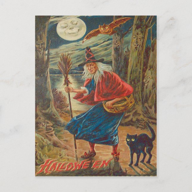 Cartão Postal Jack O Lanterna Bruxa Negra Gato Bat Moon (Frente)