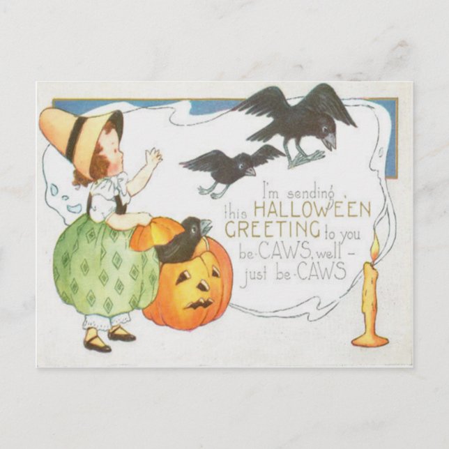 Cartão Postal Jack O Lanterna Pumpkin Ghost Crow Girl (Frente)