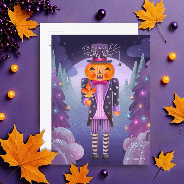 Cartão Postal Jack-o-lanterno Pumpkin Nutcracker Roxo (Criador carregado)