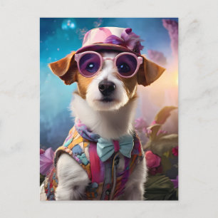 Cartão Postal Jack Russell, óculos rosa e chapéu rosa