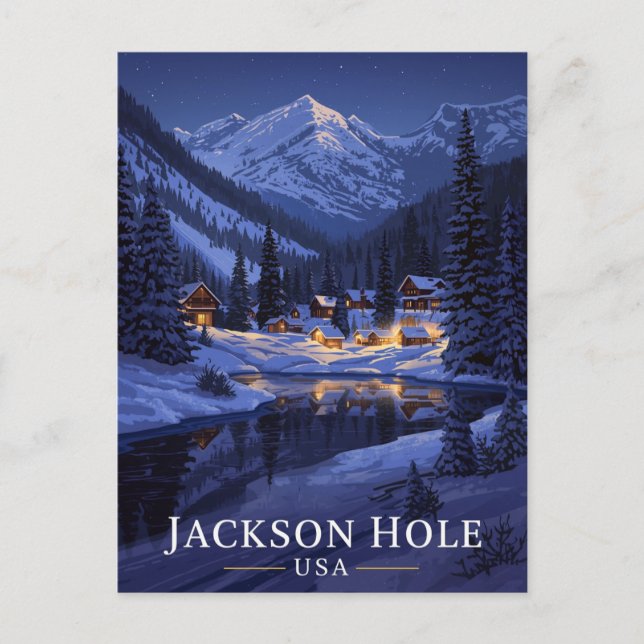 Cartão Postal Jackson Hole Winter Night Snowy (Frente)